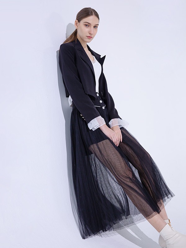 UZZU女装2021春夏季黑色不对称西装