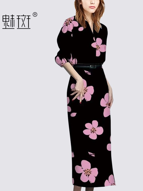 魅斑女装2021春夏季黑色印花连衣裙