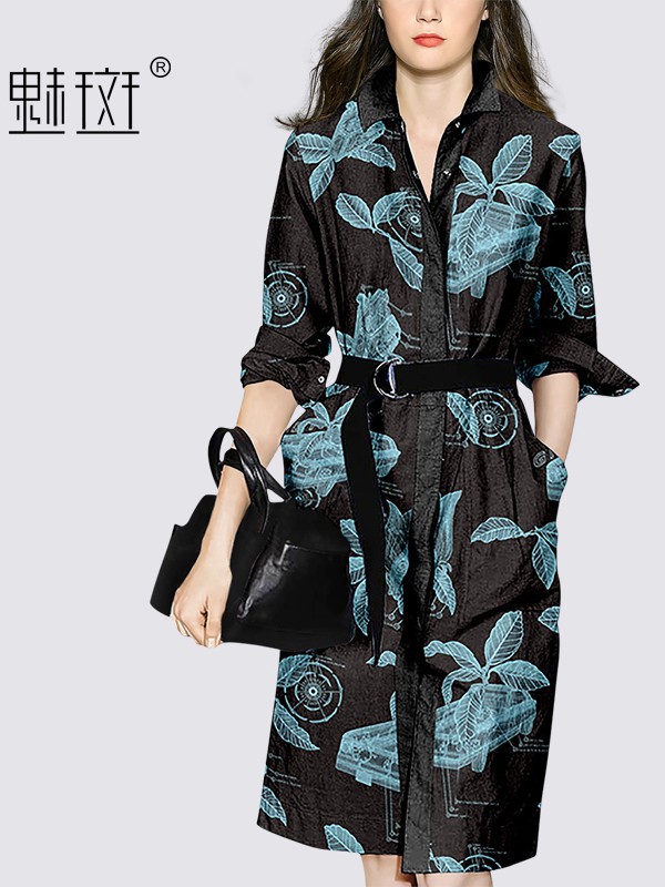 魅斑女装2021春夏季黑色印花衬衫裙