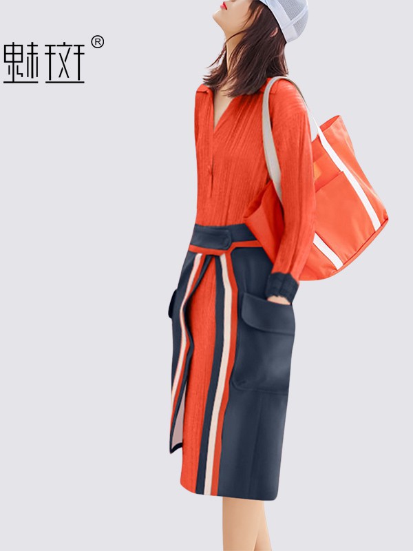 魅斑女装2021春夏季橙色撞色连衣裙