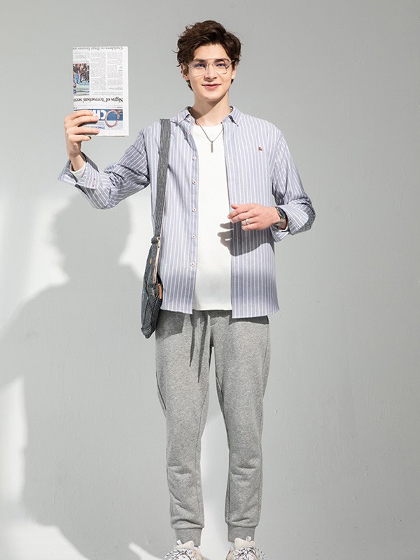 翡翠男装2021春夏季灰色条纹衬衫