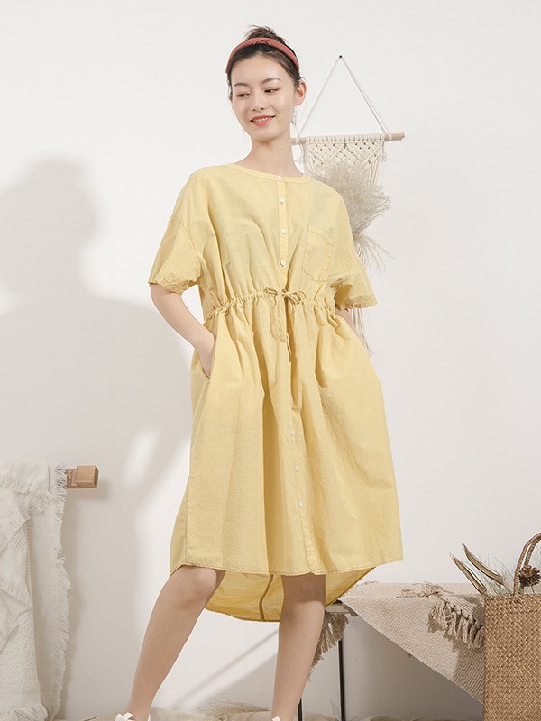 本依凡女装2021春夏季黄色纯色连衣裙