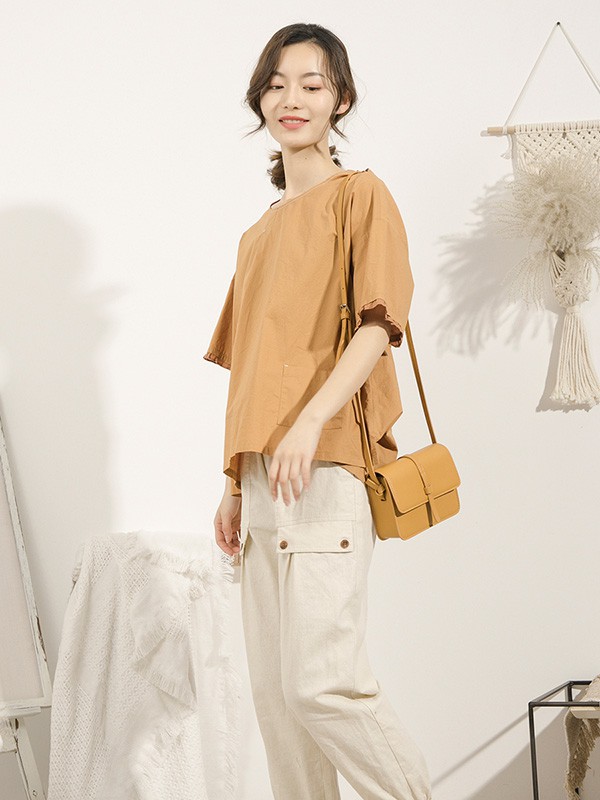 本依凡女装2021春夏季棕色纯色T恤