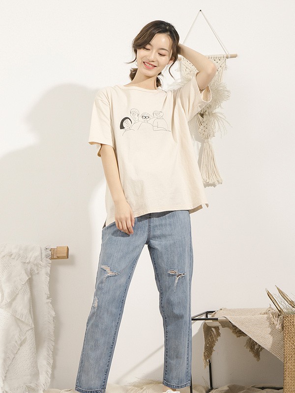 本依凡女装2021春夏季白色印花T恤