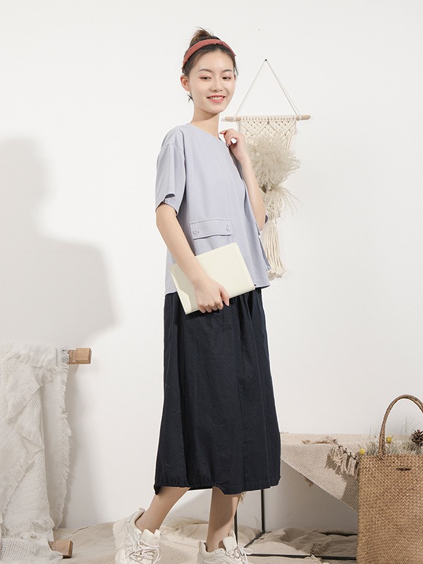 本依凡女装2021春夏季藏蓝色长款长裙