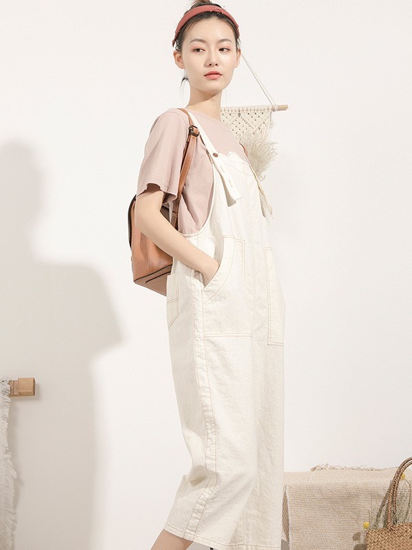 本依凡女装2021春夏季白色纯色背带裤