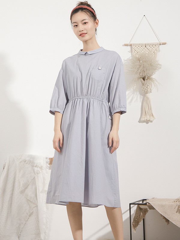 本依凡女装2021春夏季灰色纯色连衣裙