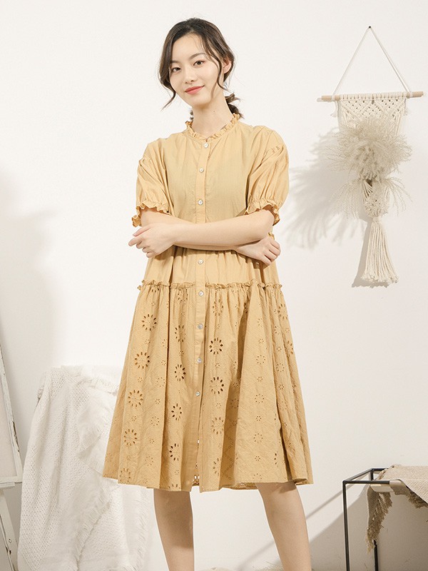 本依凡女装2021春夏季黄色镂空衬衫裙