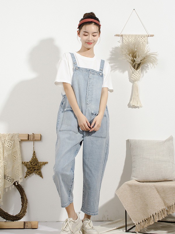 本依凡女装2021春夏季浅蓝色纯色背带裤