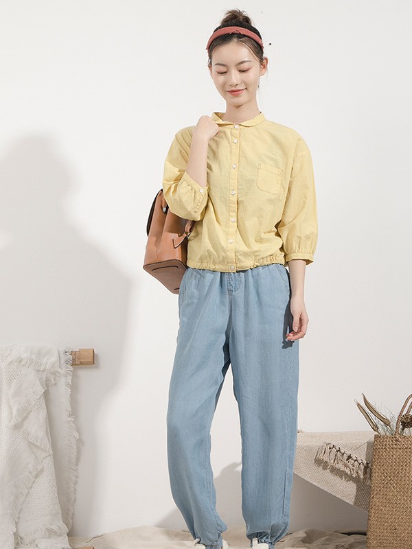 本依凡女装2021春夏季浅蓝色纯色长裤