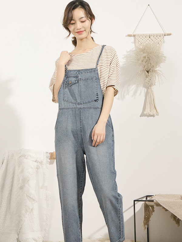 本依凡女装2021春夏季蓝色纯色背带裤