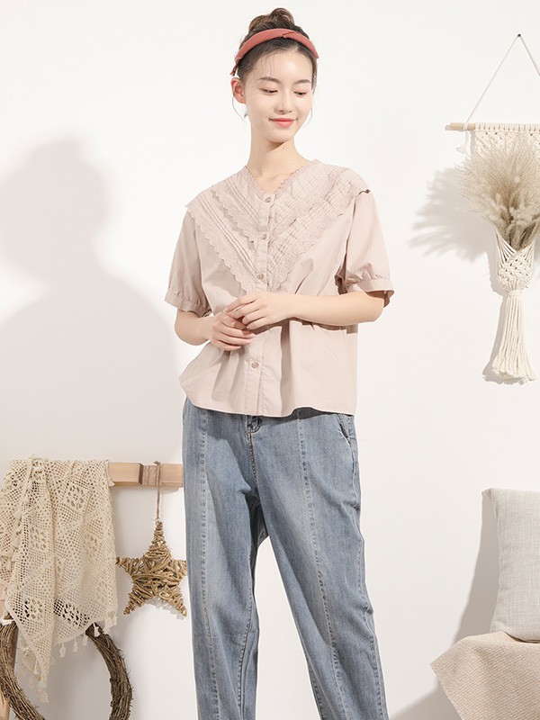 本依凡女装2021春夏季粉色纯色衬衫