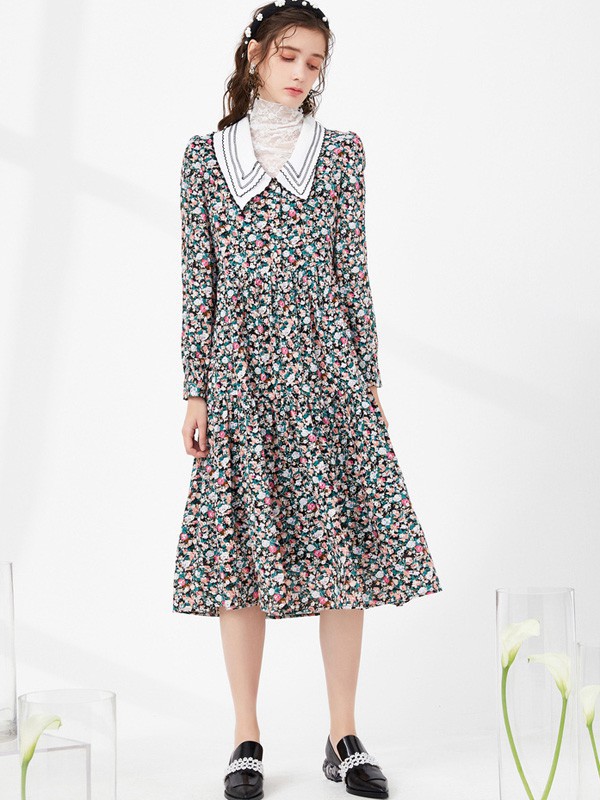 菀草壹2021春夏季白色碎花连衣裙