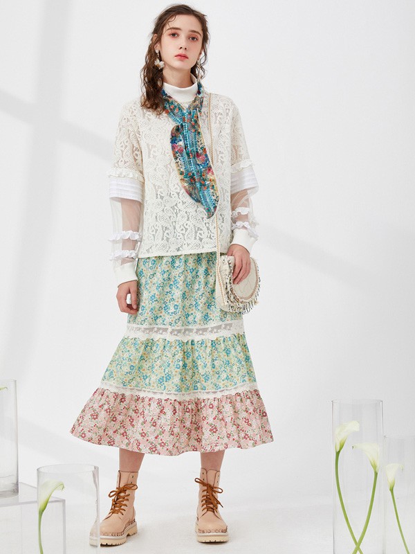 菀草壹2021春夏季拼色碎花长裙