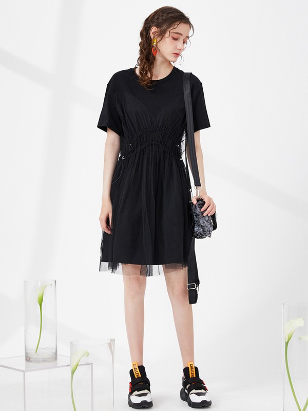 菀草壹2021春夏季黑色纱网连衣裙