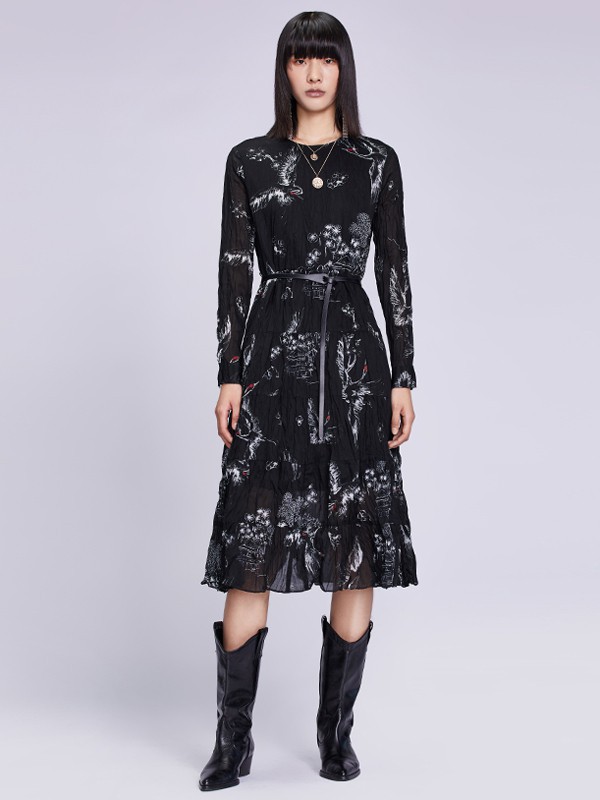 真我永恒2021春夏季黑色印花连衣裙