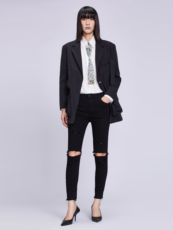 真我永恒2021春夏季黑色破洞九分裤