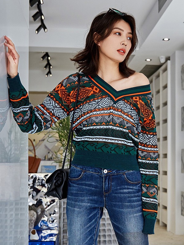 真我永恒2021春夏季藏蓝色印花针织衫