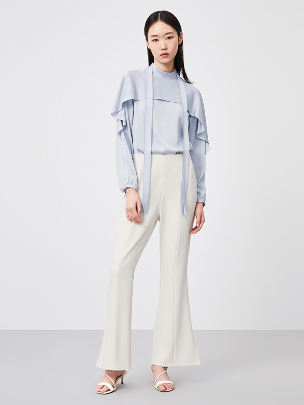 OVV2021春夏季浅蓝色荷叶边雪纺衫