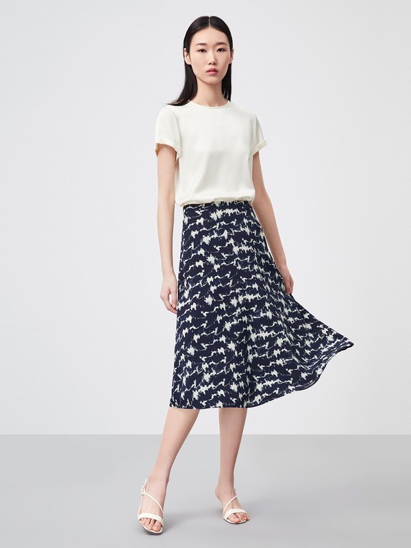 OVV2021春夏季藏蓝色印花半身裙