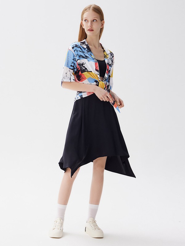 斐乐2021春夏季拼色印花长裙