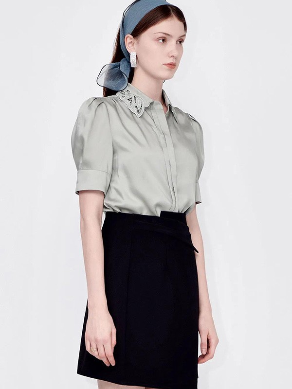 朗香2021春夏季绿色纯色雪纺衫