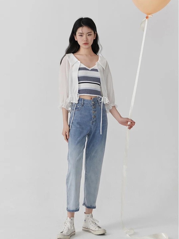 本涩女装2021春夏季浅蓝色纯色长裤