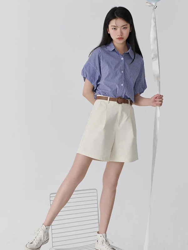 本涩女装2021春夏季蓝色条纹衬衫