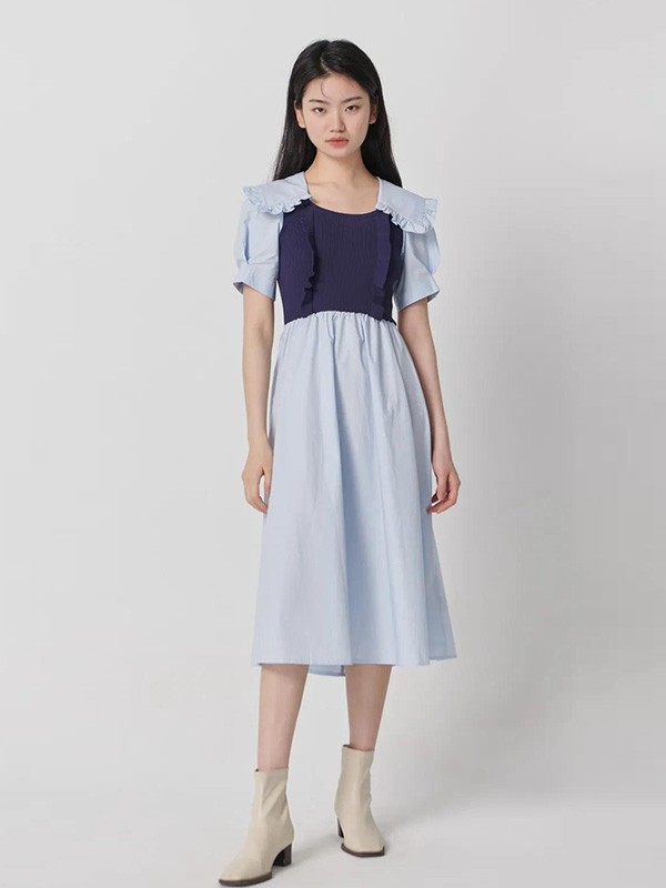 本涩女装2021春夏季拼色拼接连衣裙
