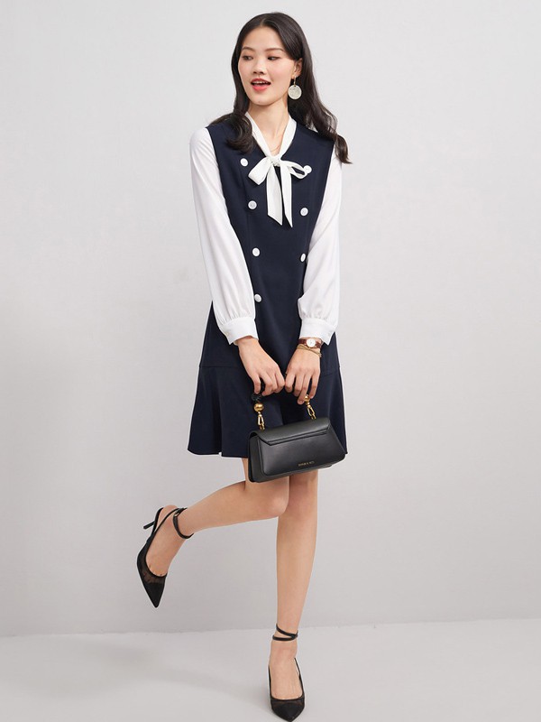 红袖2021春夏季藏蓝色拼接连衣裙