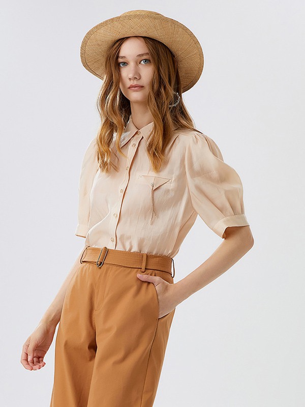 红袖2021春夏季米色纯色衬衫