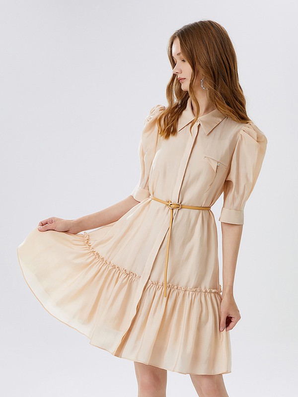 红袖2021春夏季黄色纯色连衣裙