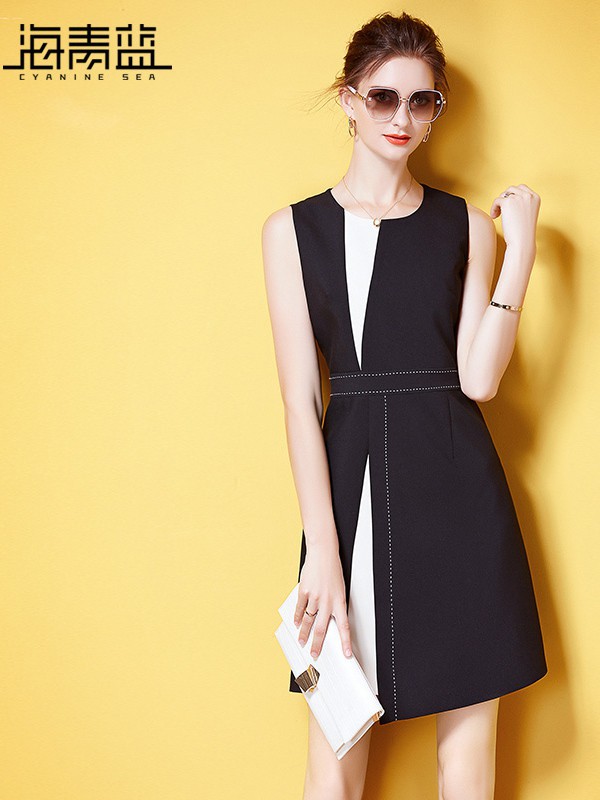 海青蓝2021春夏季黑色拼接连衣裙