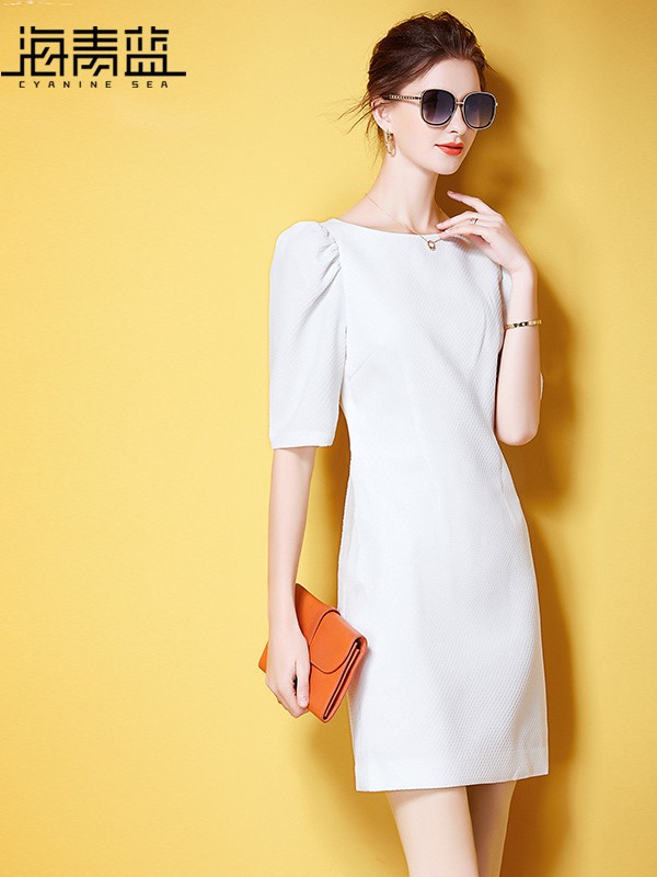 海青蓝2021春夏季白色纯色连衣裙