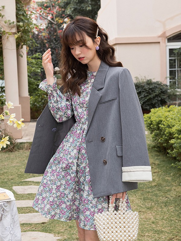 谜秀2021春夏季灰色纯色西装