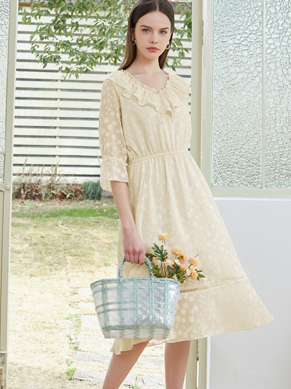Vougeek2021春夏季黄色波点连衣裙