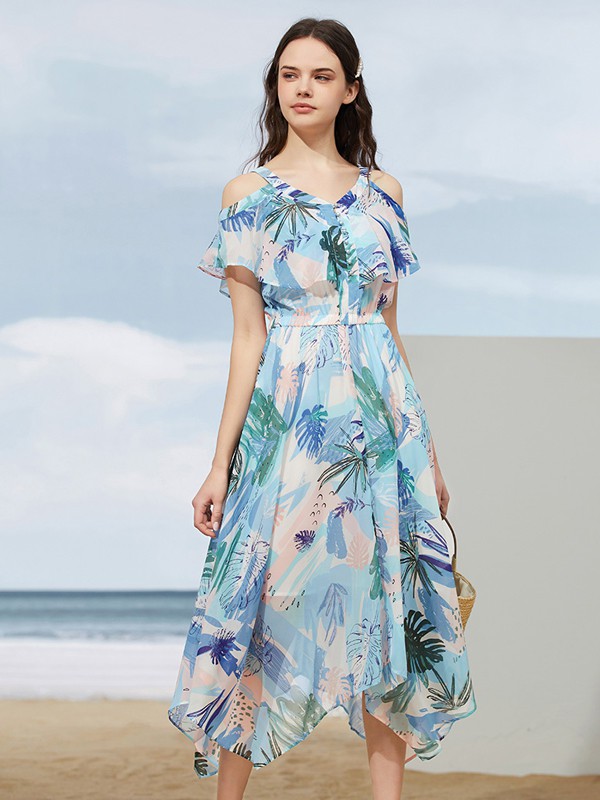 Vougeek2021春夏季蓝色印花连衣裙