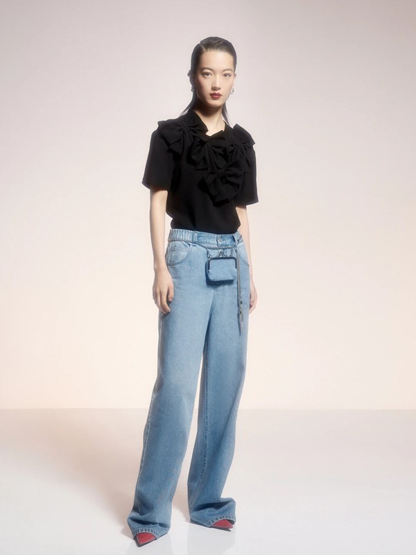 乌丫UOOYAA女装2021春夏季蓝色纯色阔腿裤