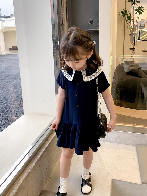 左西2021春夏季藏蓝色荷叶边连衣裙