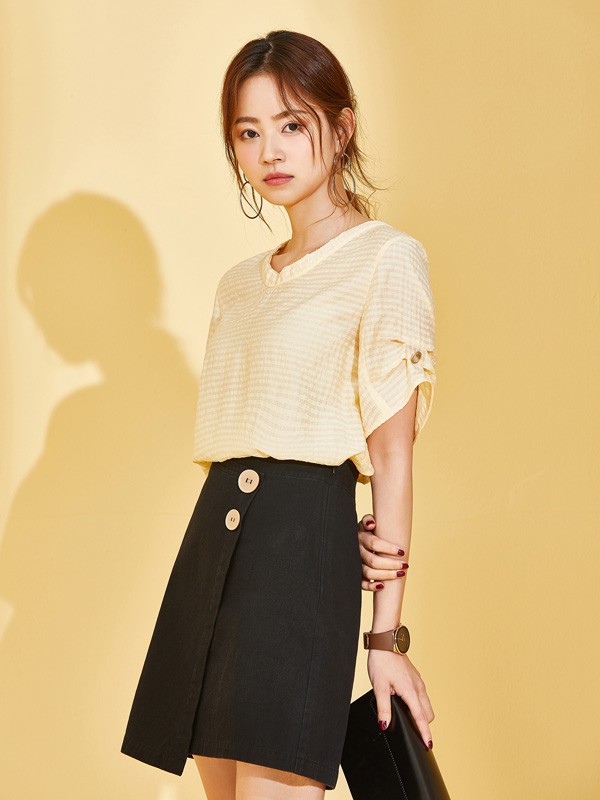 SC女装2021春夏季米色条纹T恤