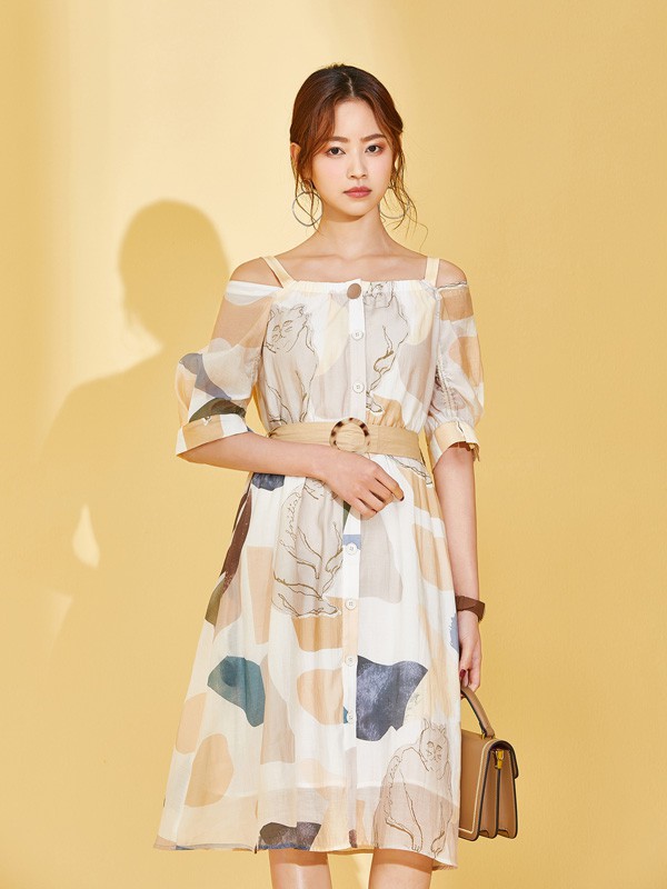 SC女装2021春夏季白色一字肩连衣裙