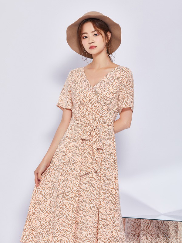 SC女装2021春夏季橙色波点连衣裙