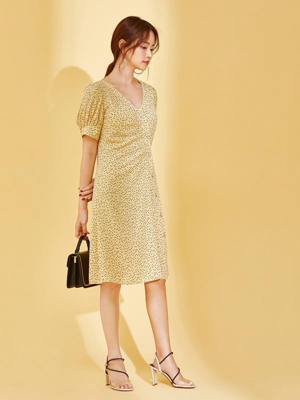 SC女装2021春夏季黄色波点连衣裙