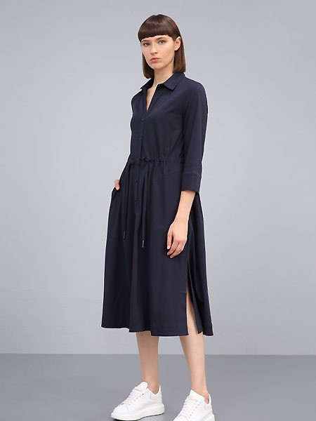 卡汶2021春夏季藏蓝色开叉衬衫裙