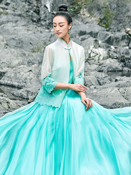 吉祥斋女装2021秋冬季蓝色长款连衣裙