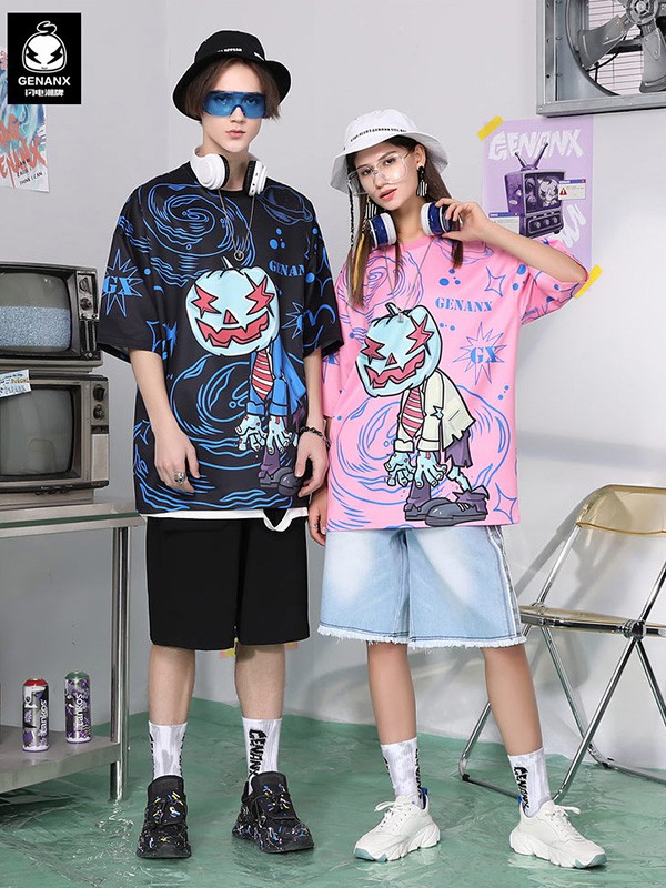 闪电潮牌2021春夏季粉色印花T恤