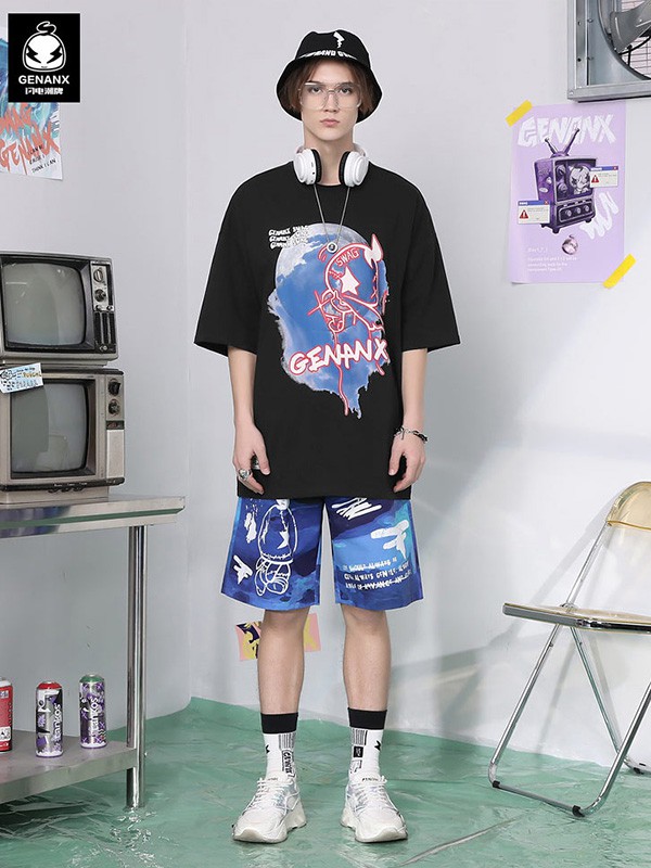 闪电潮牌2021春夏季蓝色印花短裤