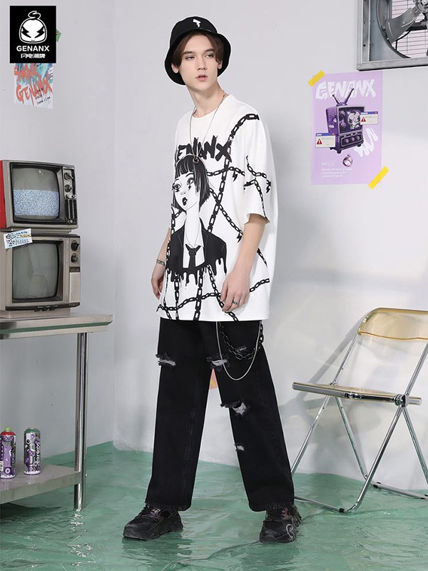 闪电潮牌2021春夏季白色印花T恤