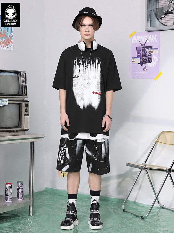 闪电潮牌2021春夏季黑色印花短裤