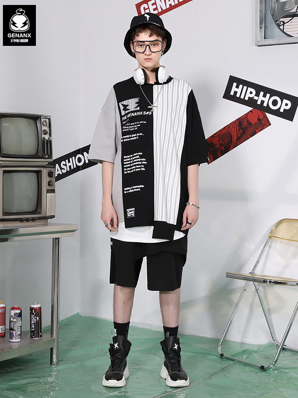 闪电潮牌2021春夏季拼色印花T恤